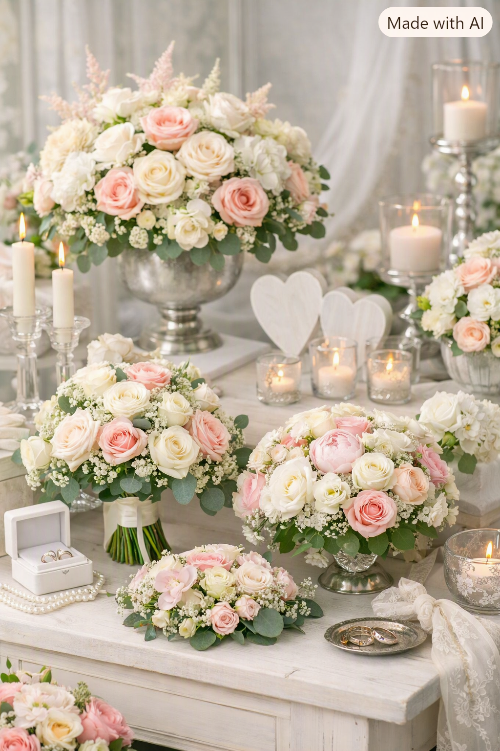 Elegante Hochzeitsfloristik mit weißen und roséfarbenen Rosenarrangements, Kerzen und Dekoration – stilvoll präsentiert von Blumen Kettwig.