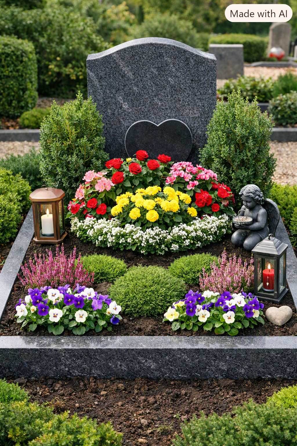 Bunte Saison‑ und Gartenpflanzen in voller Blüte – Geranien, Petunien, Lavendel und Sonnenhut in Körben und Töpfen, arrangiert in einem gepflegten Gartenbereich von Blumen Kettwig.