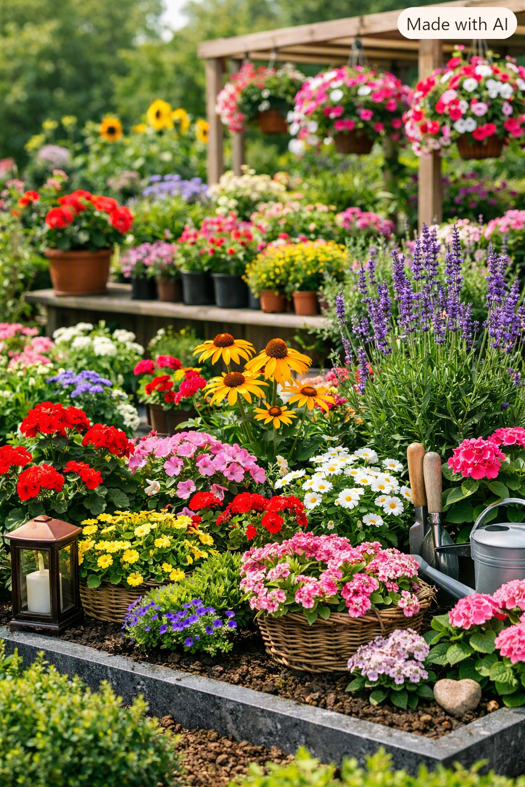 Farbenfrohe Auswahl an Saison‑ und Gartenpflanzen bei Blumen Kettwig – Geranien, Petunien, Lavendel und Sonnenhut in Körben und Töpfen, liebevoll arrangiert im Gartenbereich.