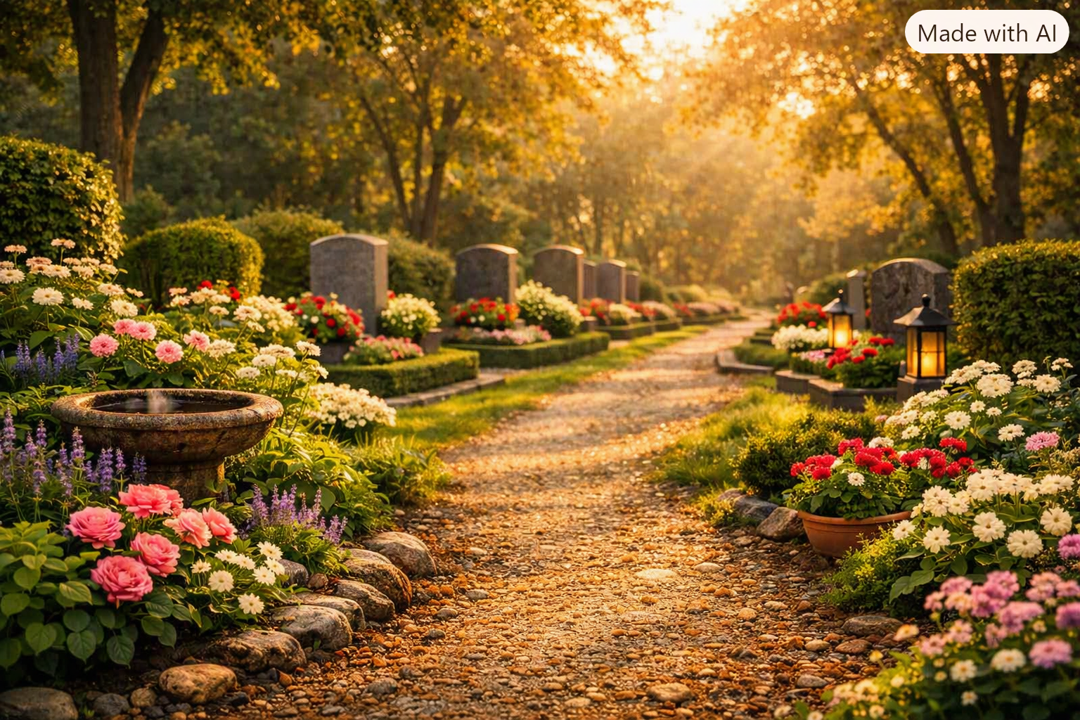 Sonnenbeschienener Friedhofsweg mit gepflegten, blühenden Grabstätten und liebevoll angelegten Blumenrabatten – Symbol für Frieden und Erinnerung.
