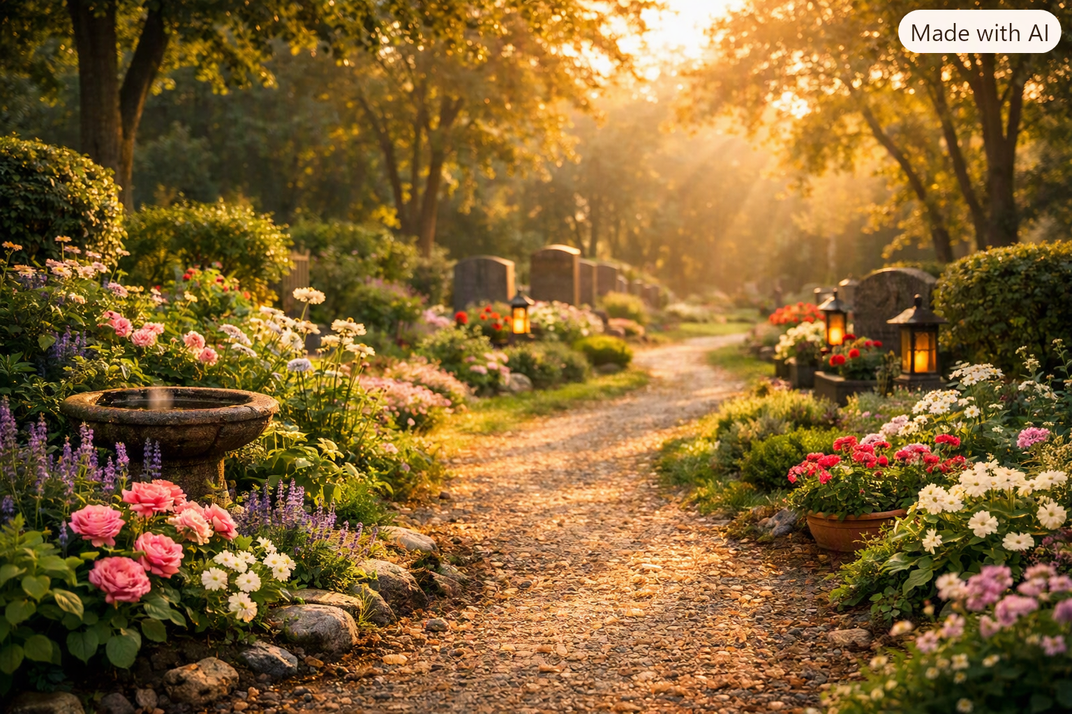 Ein friedlicher Gartenweg führt von einem farbenfrohen, lebendigen Garten in eine ruhige Friedhofsszene, beleuchtet vom warmen Abendlicht.